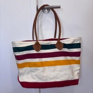 LL Bean Boat And Tote Leather Strap Striped Canvas Tote Bag Vintage Preppy USA